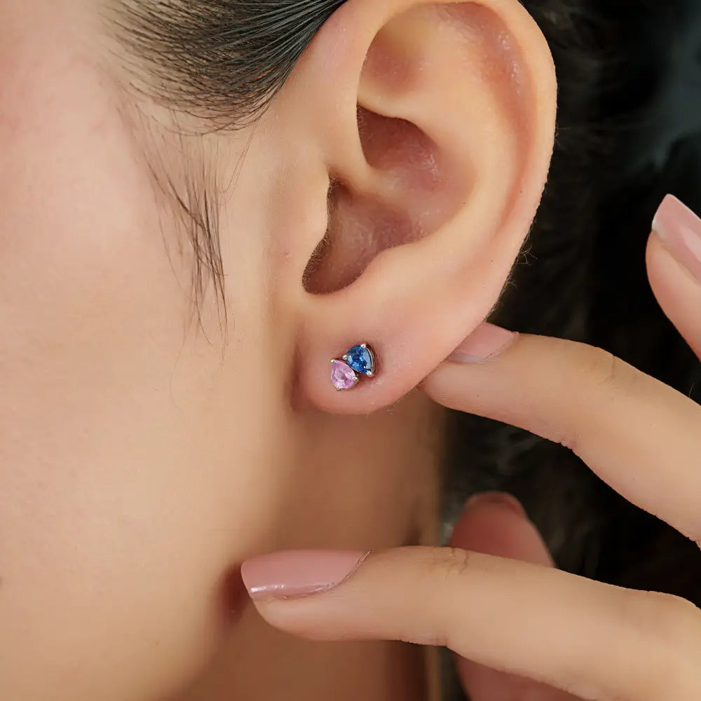 18K White Gold Prong Set Pink & Blue Sapphire Minimal Toi et Moi Stud Earrings Birthstone Jewelry