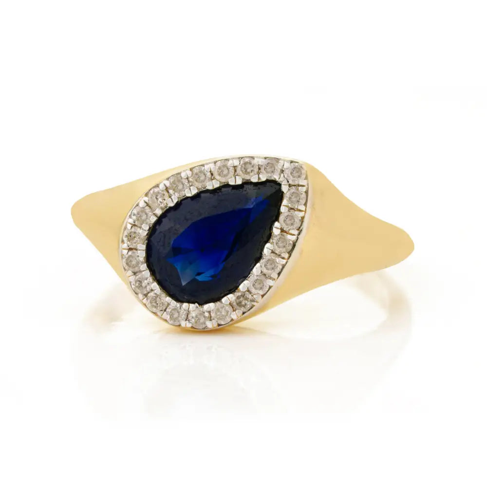 Customized Gemstone Blue Sapphire & Diamond Halo Chunky Signet Ring 14K Yellow Gold