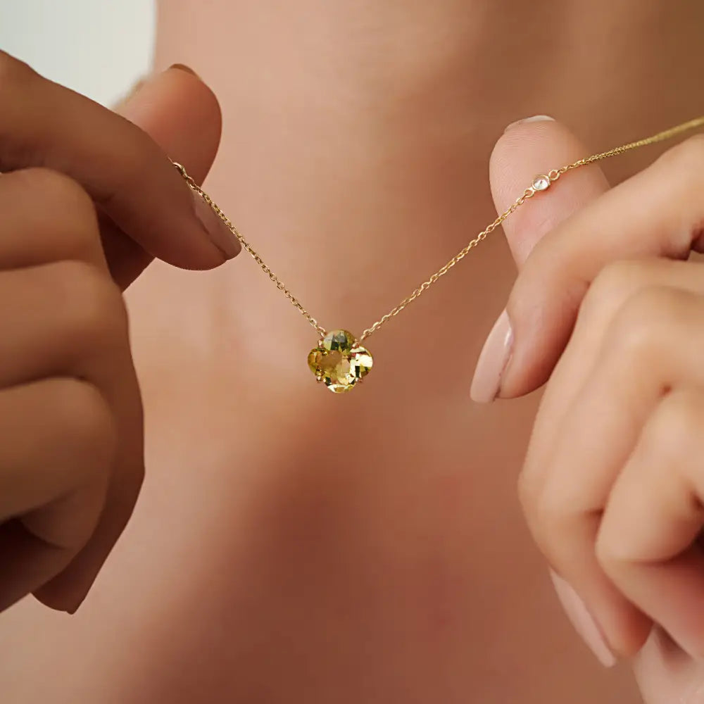 Trending New Design Lemon Topaz & Diamond Clover Shape Pendant Necklace 14K Gold