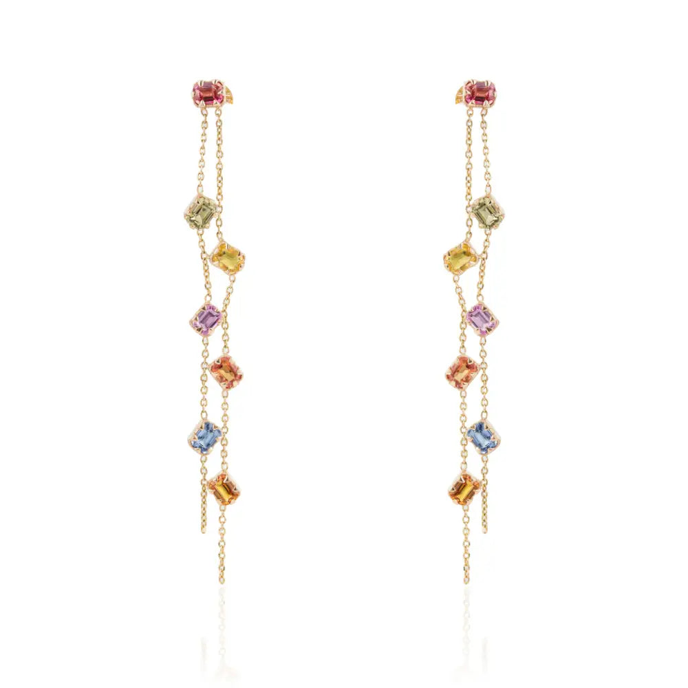 14K Yellow Gold Rainbow Multi Sapphire Double Link Chain Dangle Earrings For Wedding