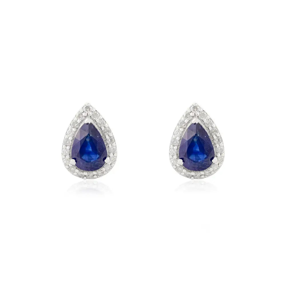 Solid K18 White Gold Blue Sapphire & Diamond Minimal Pear Shape Halo Stud Earrings Women's