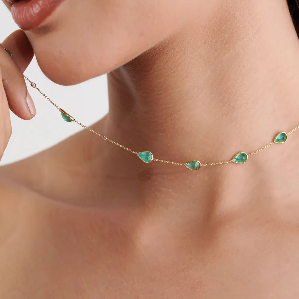 Pear Shape Emerald & Round Cut Diamond Simple Station Chain Necklace For Women's 14K Yellow Gold