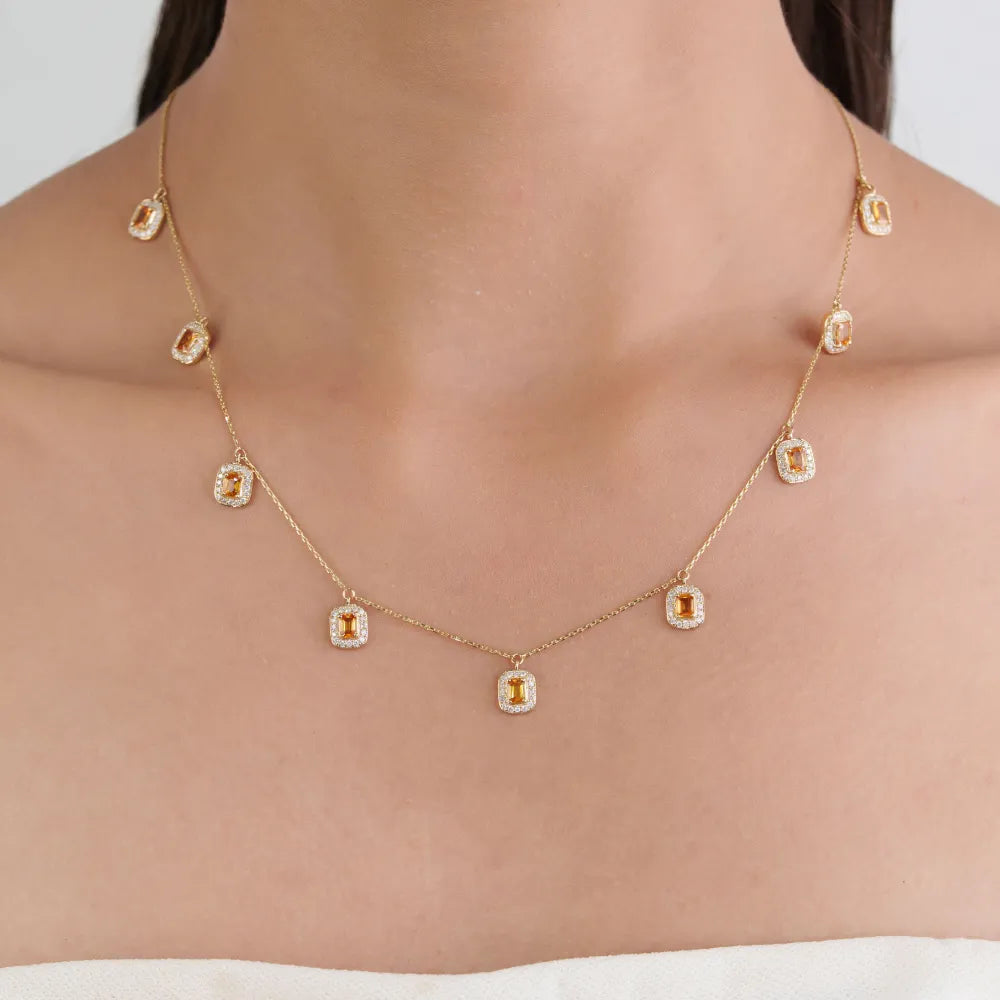 4x3mm Octagon Cut Citrine & Diamond Charm Chain Necklace Fine 14K Solid Yellow Gold Jewelry Manufacturer