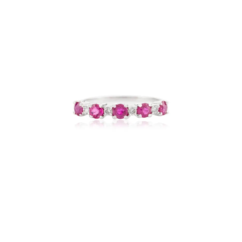 Round Cut Natural Ruby & Diamond 14K Solid White Gold Half Eternity Band Ring