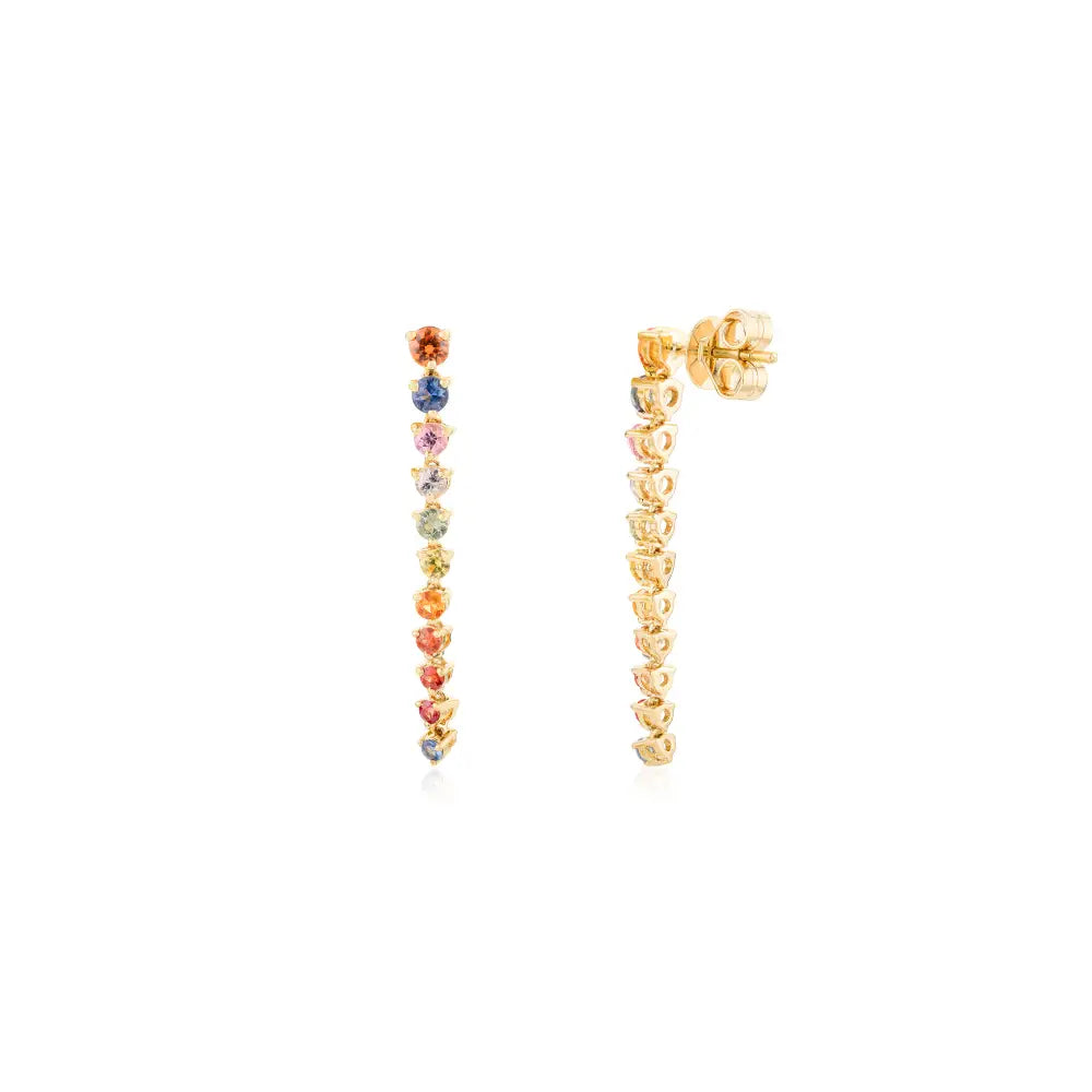 Round Cut Multi Sapphire Long Dangle Earrings Solid 18K Yellow Gold Precious Gemstone Jewelry
