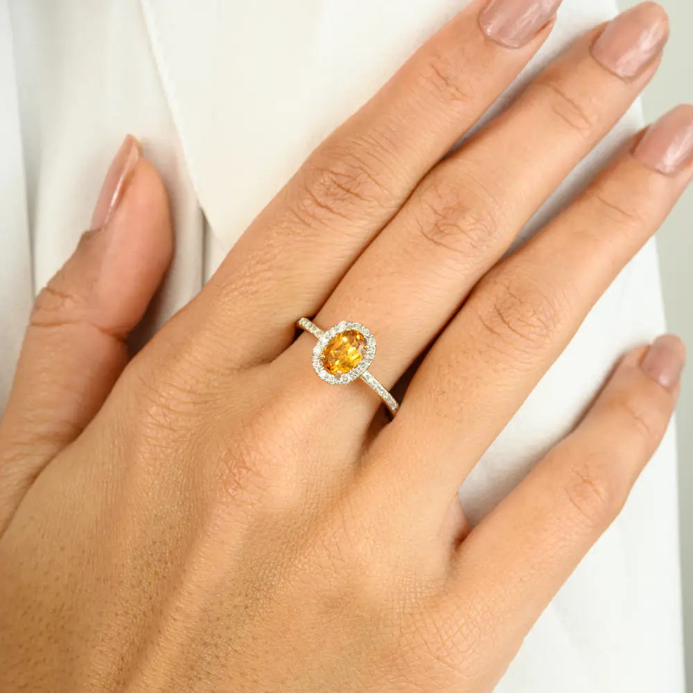 November Birthstone Citrine & Diamond 14K Solid Yellow Gold Halo Set Engagement Ring