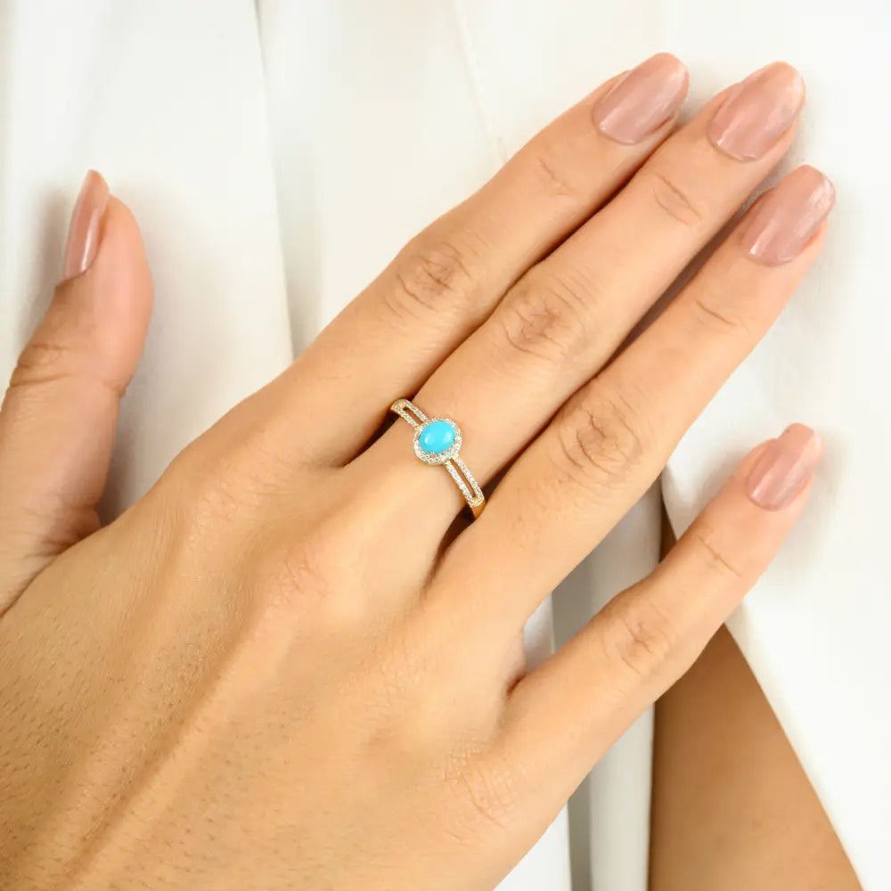 Oval Cut Turquoise & Diamond Spilt Shank Ring 14K Solid Gold Light Weight Minimal Jewelry