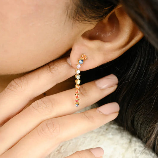 Round Cut Multi Sapphire Long Dangle Earrings Solid 18K Yellow Gold Precious Gemstone Jewelry
