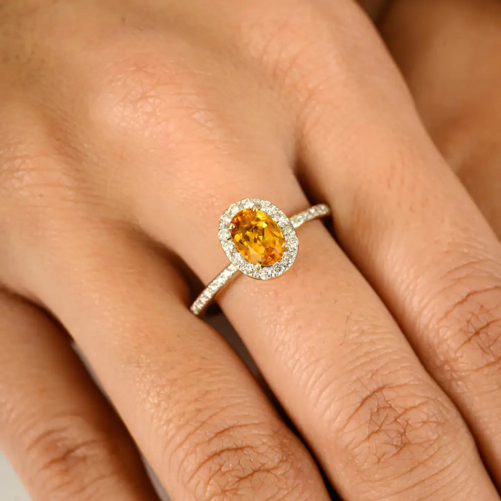November Birthstone Citrine & Diamond 14K Solid Yellow Gold Halo Set Engagement Ring
