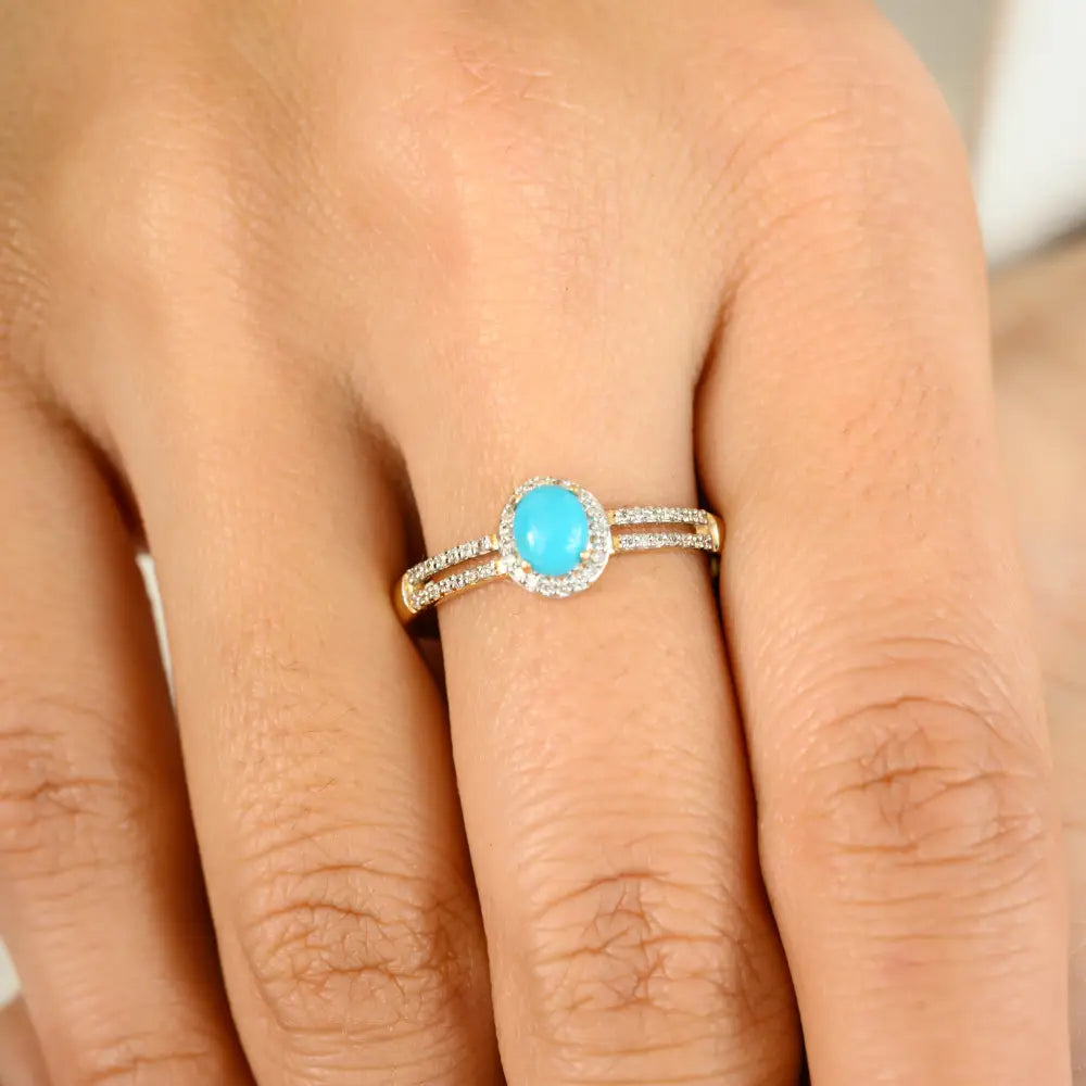 Oval Cut Turquoise & Diamond Spilt Shank Ring 14K Solid Gold Light Weight Minimal Jewelry