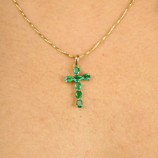 Zambian Emerald Minimal Cross Pendant For Unisex Fine 14K Yellow Gold Religious Jewelry