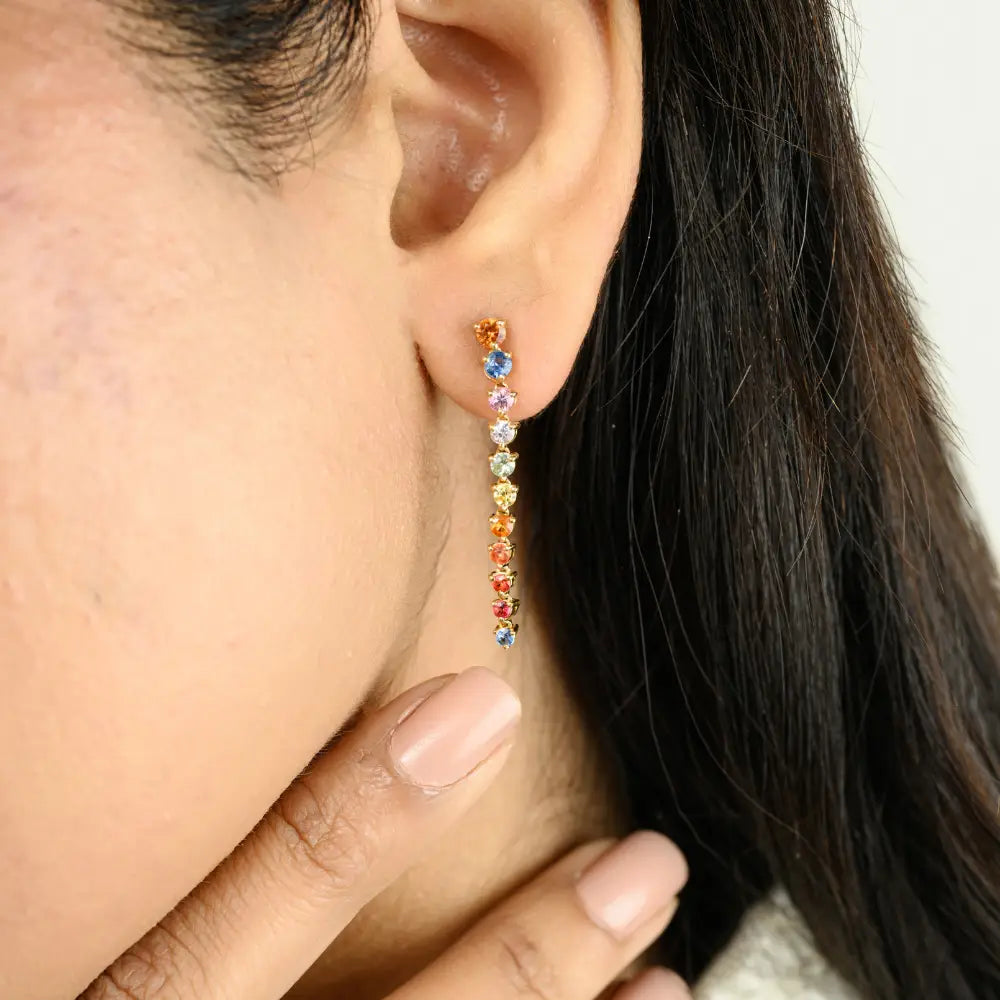 Round Cut Multi Sapphire Long Dangle Earrings Solid 18K Yellow Gold Precious Gemstone Jewelry