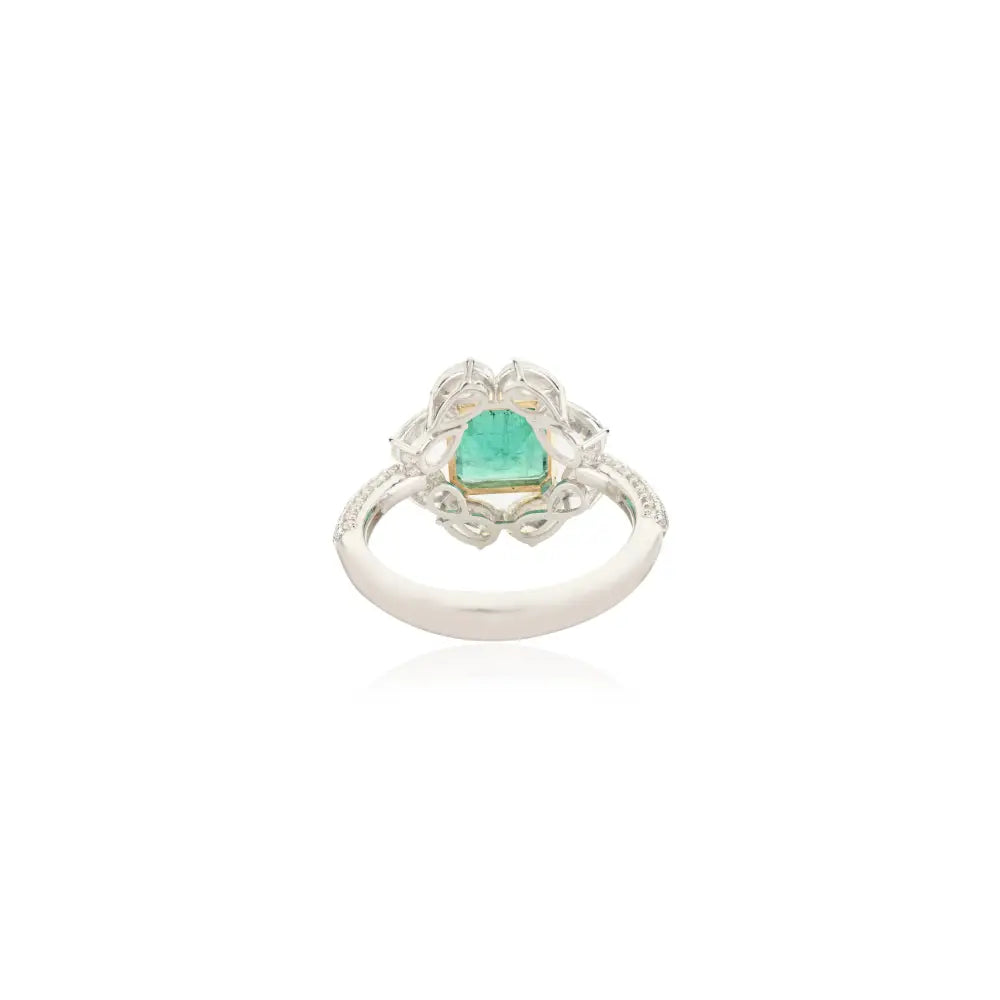 Square Cut Zambian Emerald & Diamond Real 18K Two Tone Gold Statement Wedding Ring