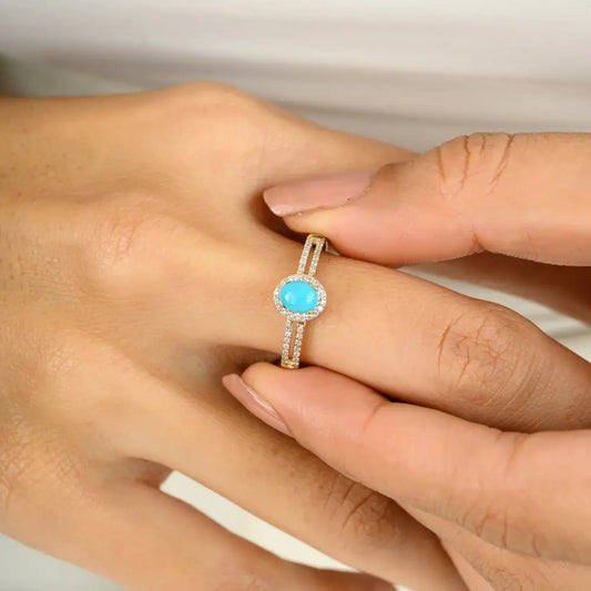 Oval Cut Turquoise & Diamond Spilt Shank Ring 14K Solid Gold Light Weight Minimal Jewelry