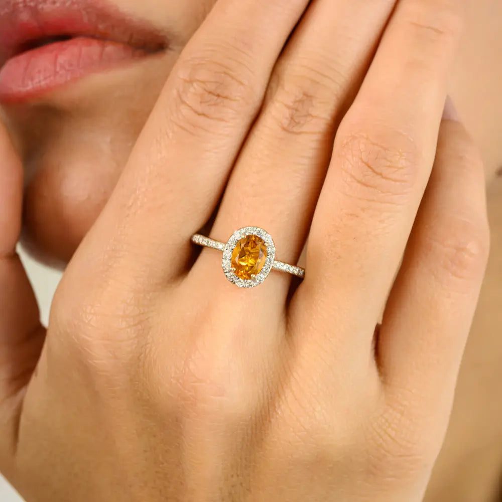 November Birthstone Citrine & Diamond 14K Solid Yellow Gold Halo Set Engagement Ring