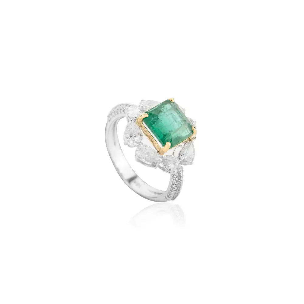 Square Cut Zambian Emerald & Diamond Real 18K Two Tone Gold Statement Wedding Ring