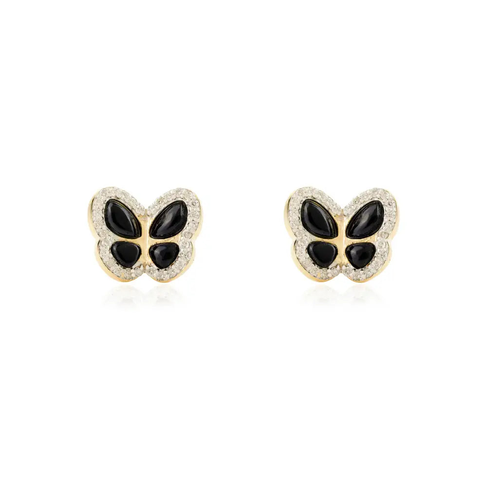 Unique Luxury 14K Yellow Gold Black Onyx & Diamond Butterfly Stud Earrings Custom Jewelry