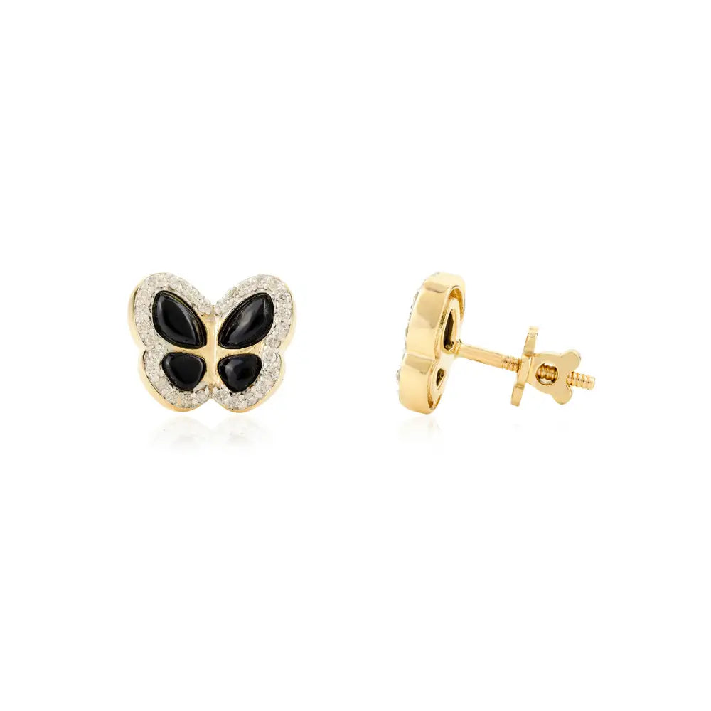 Unique Luxury 14K Yellow Gold Black Onyx & Diamond Butterfly Stud Earrings Custom Jewelry