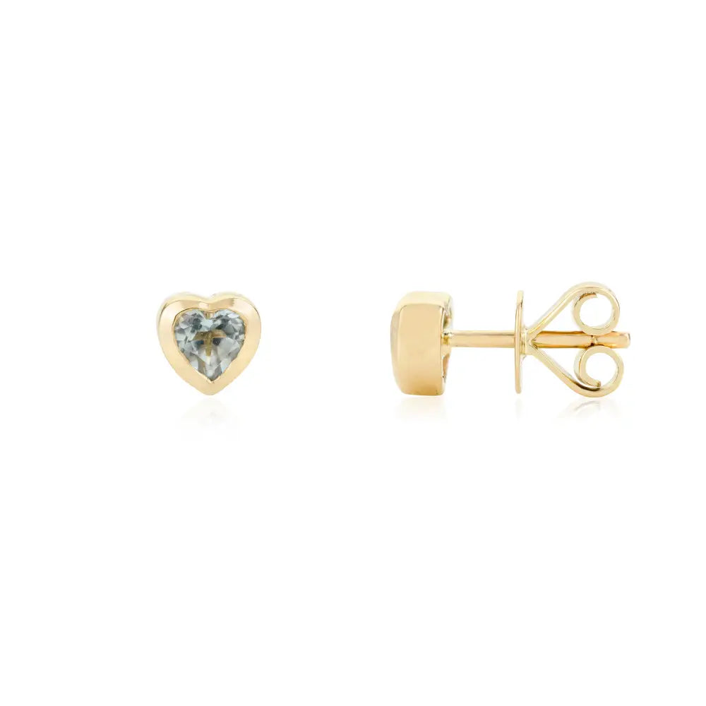 Bezel Setting Heart Shape Blue Topaz Minimal Stud Earrings Trending 14K Yellow Gold Jewelry