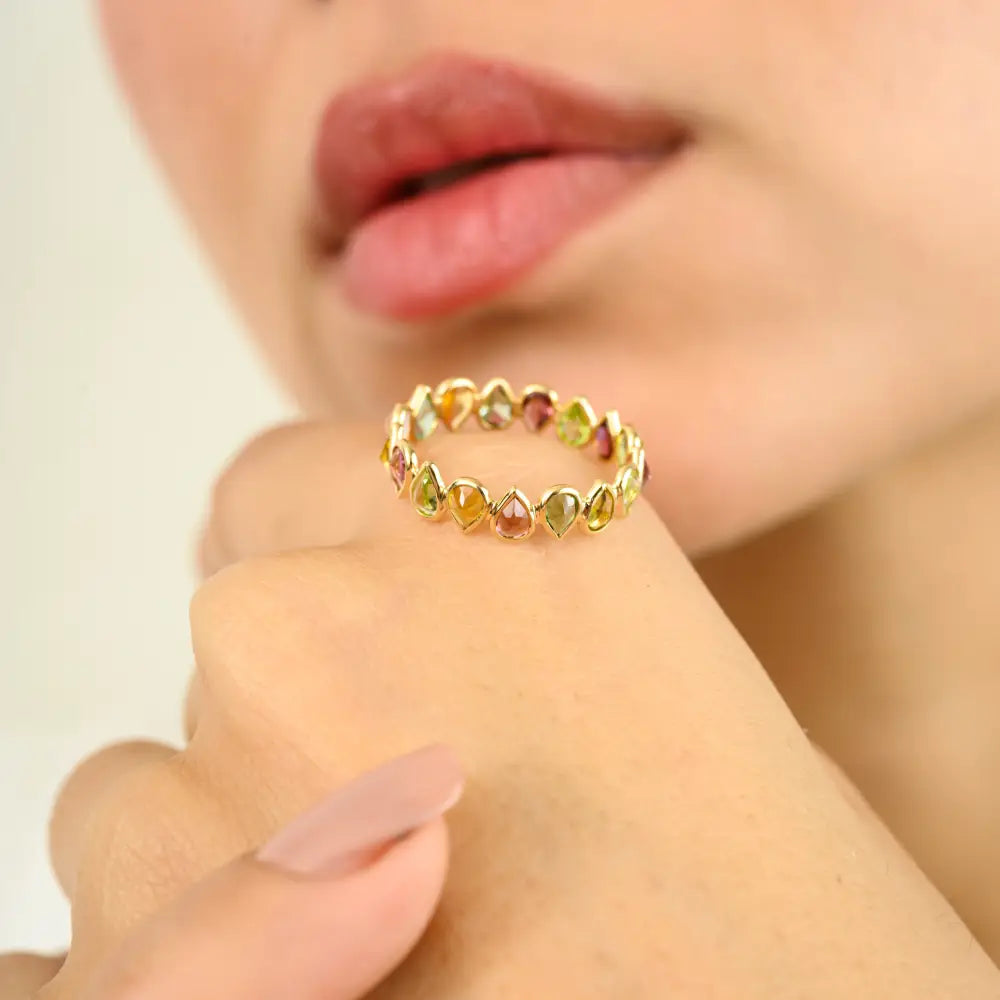 Best Selling Products Multi Tourmaline Pure K18 Yellow Gold Eternity Band Ring Fine Jewelry