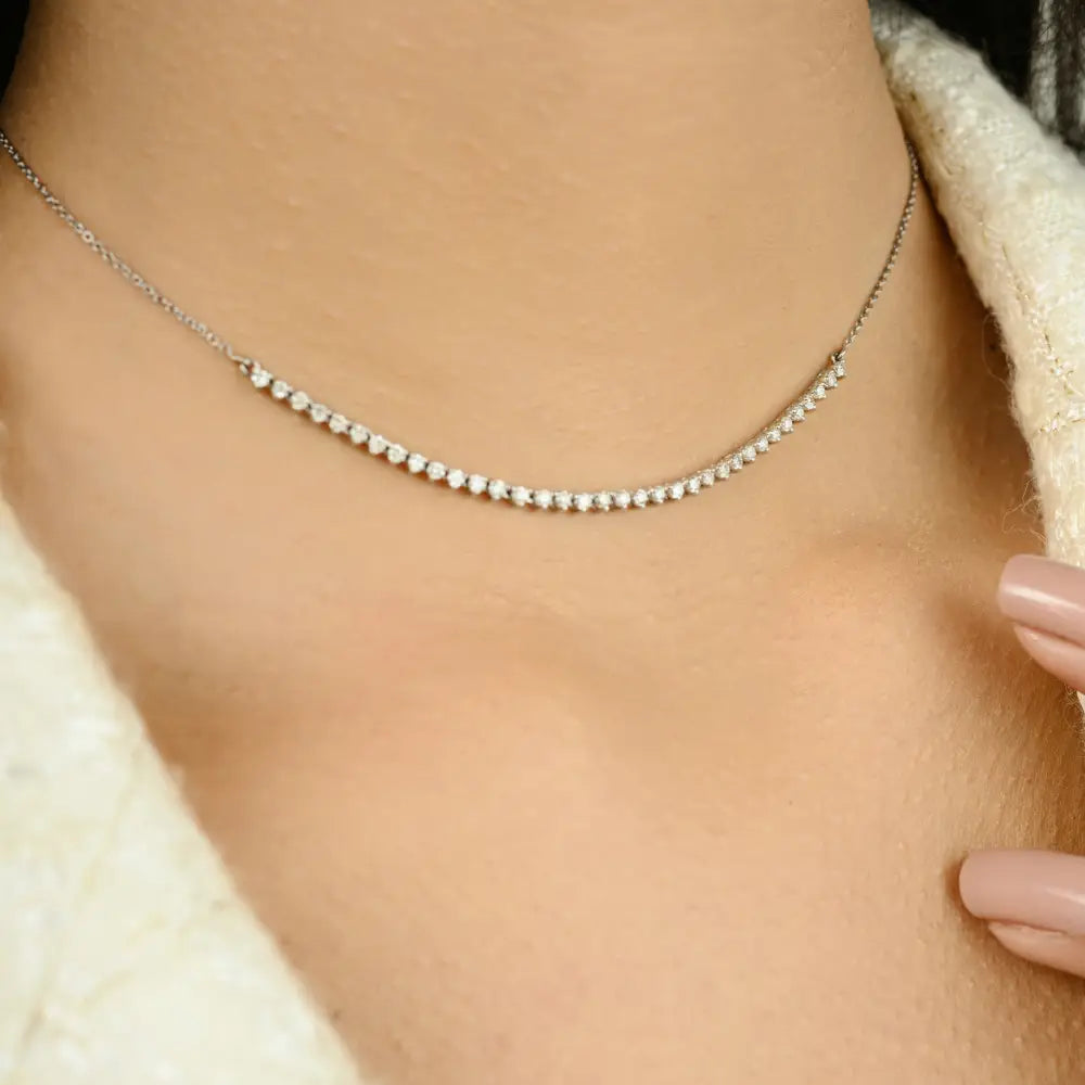 Round Brilliant Cut Natural Diamond Half Tennis Necklace For Women 18K White Gold