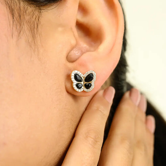 Unique Luxury 14K Yellow Gold Black Onyx & Diamond Butterfly Stud Earrings Custom Jewelry