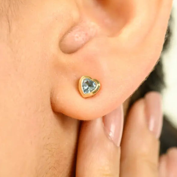Bezel Setting Heart Shape Blue Topaz Minimal Stud Earrings Trending 14K Yellow Gold Jewelry