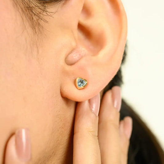 Bezel Setting Heart Shape Blue Topaz Minimal Stud Earrings Trending 14K Yellow Gold Jewelry