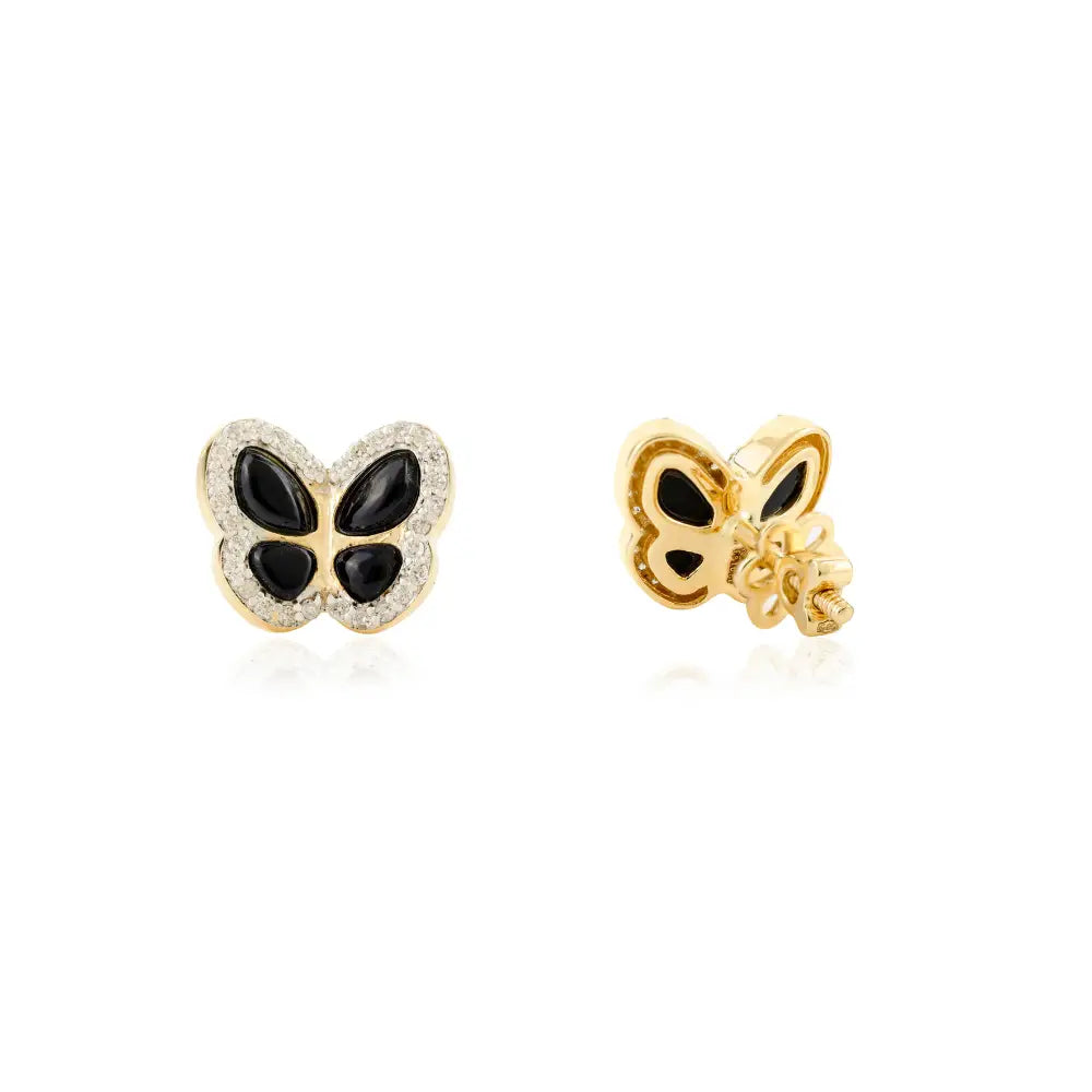 Unique Luxury 14K Yellow Gold Black Onyx & Diamond Butterfly Stud Earrings Custom Jewelry