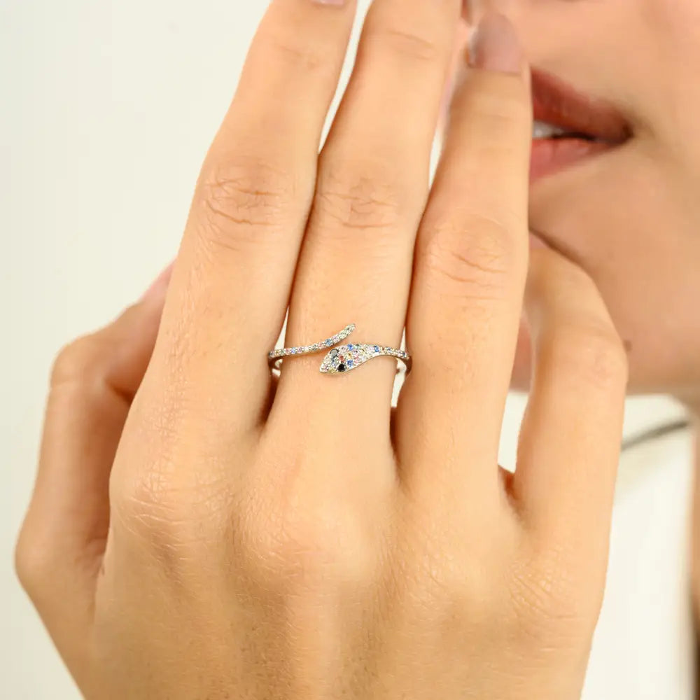 Natural Birthstone Multi Sapphire & Black Diamond Open Snake Stacking Ring Solid 18K Gold