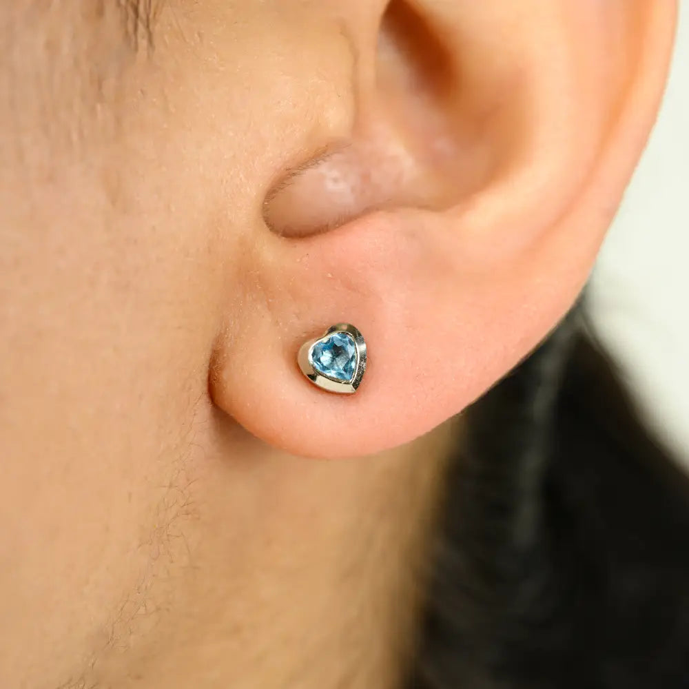New Trending 100% Natural Blue Topaz Heart Shape Minimal Stud Earrings Solid K14 White Gold