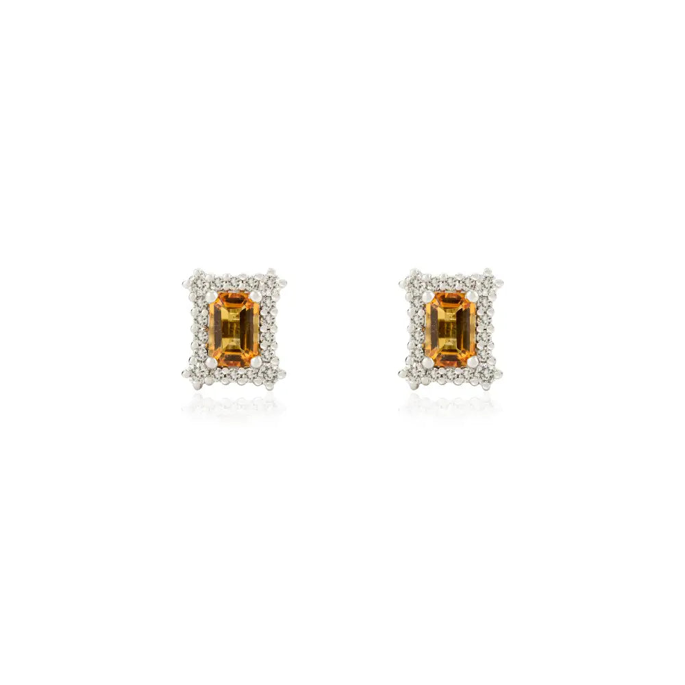 Natural Citrine & Diamond Push Back Halo Stud Earrings Real K14 White Gold Fine Jewelry