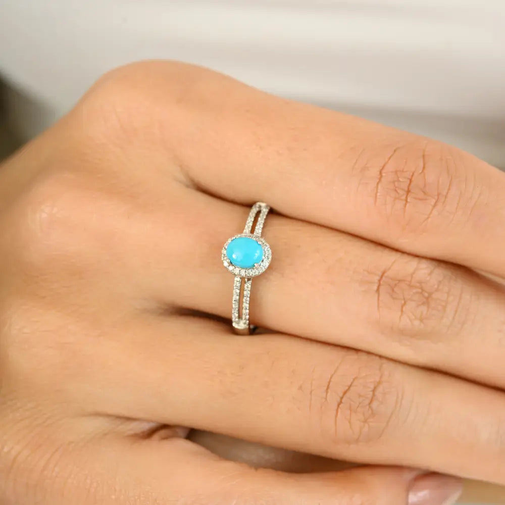 December Birthstone Turquoise & Diamond Halo Split Shank Ring Stacked 14K Gold Jewelry