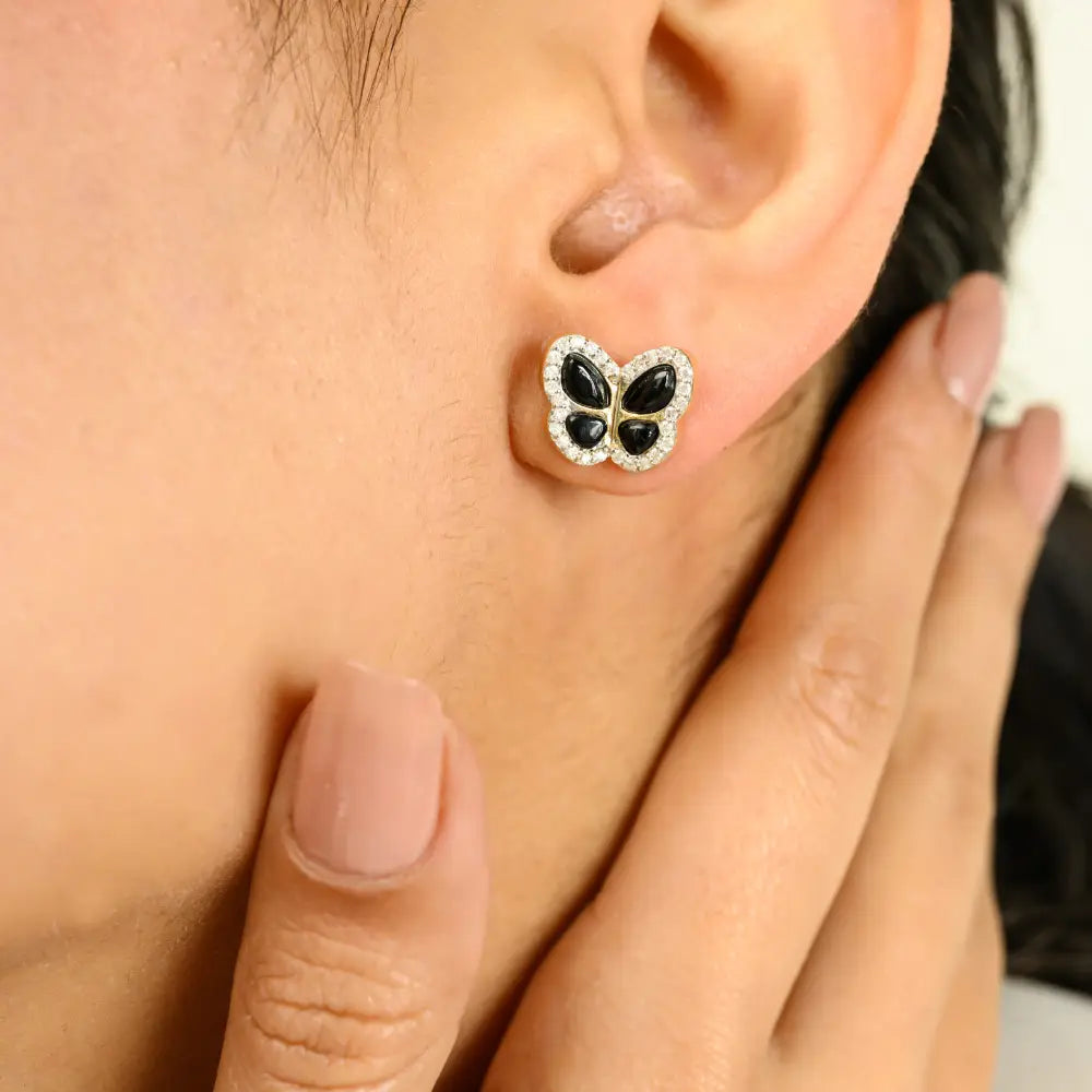Unique Luxury 14K Yellow Gold Black Onyx & Diamond Butterfly Stud Earrings Custom Jewelry