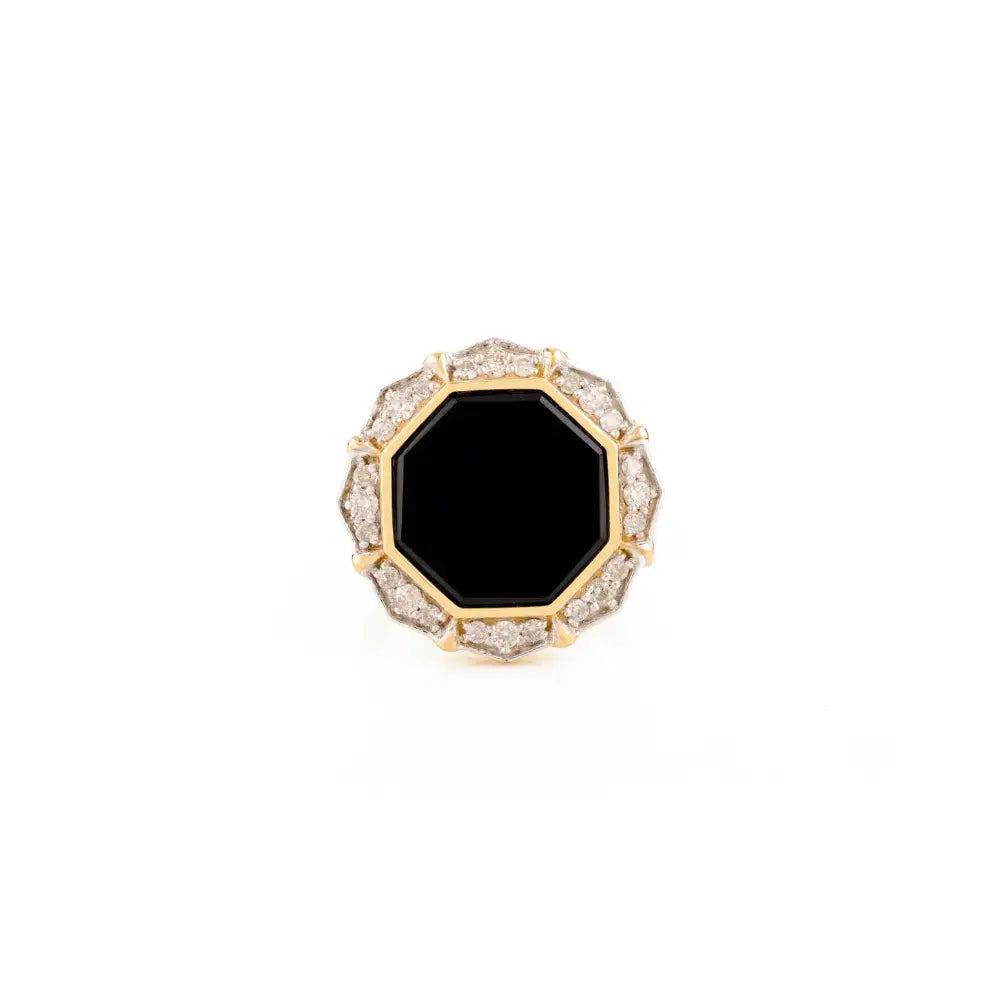 Luxurious Pasting Set Black Onyx & Diamond Cocktail Ring Handmade 14K Solid Gold Jewelry
