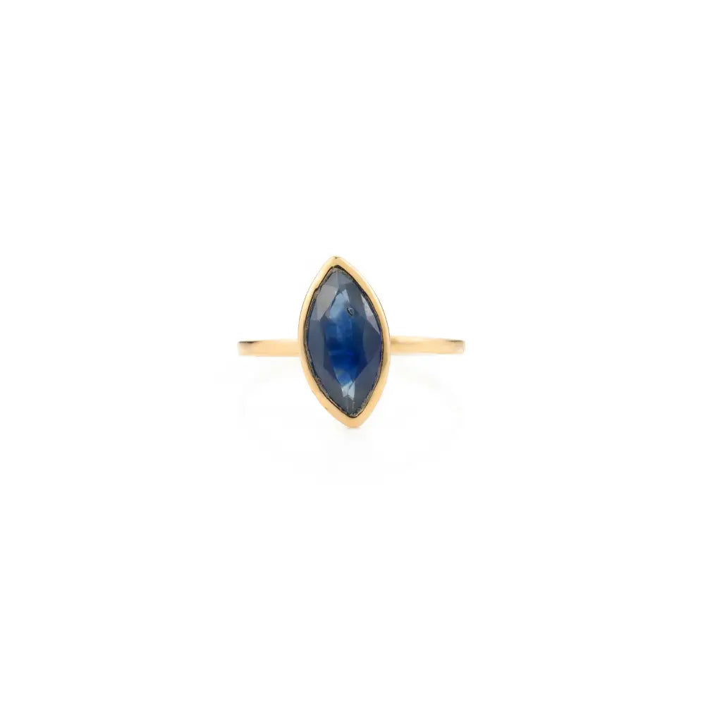 Marquise Cur Gemstone Blue Sapphire 14K Solid Yellow Gold Single Stone Ring Simple Jewelry