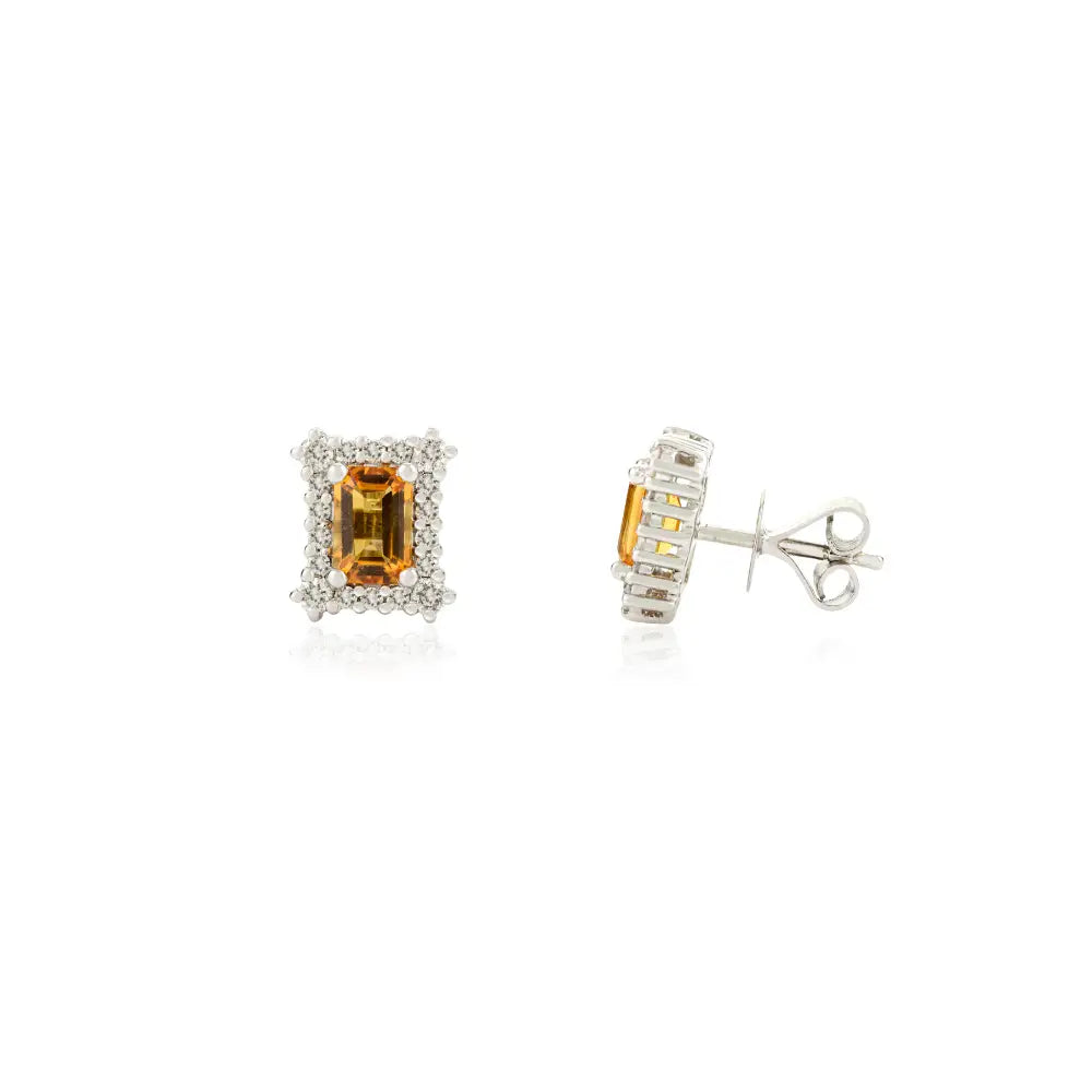 Natural Citrine & Diamond Push Back Halo Stud Earrings Real K14 White Gold Fine Jewelry