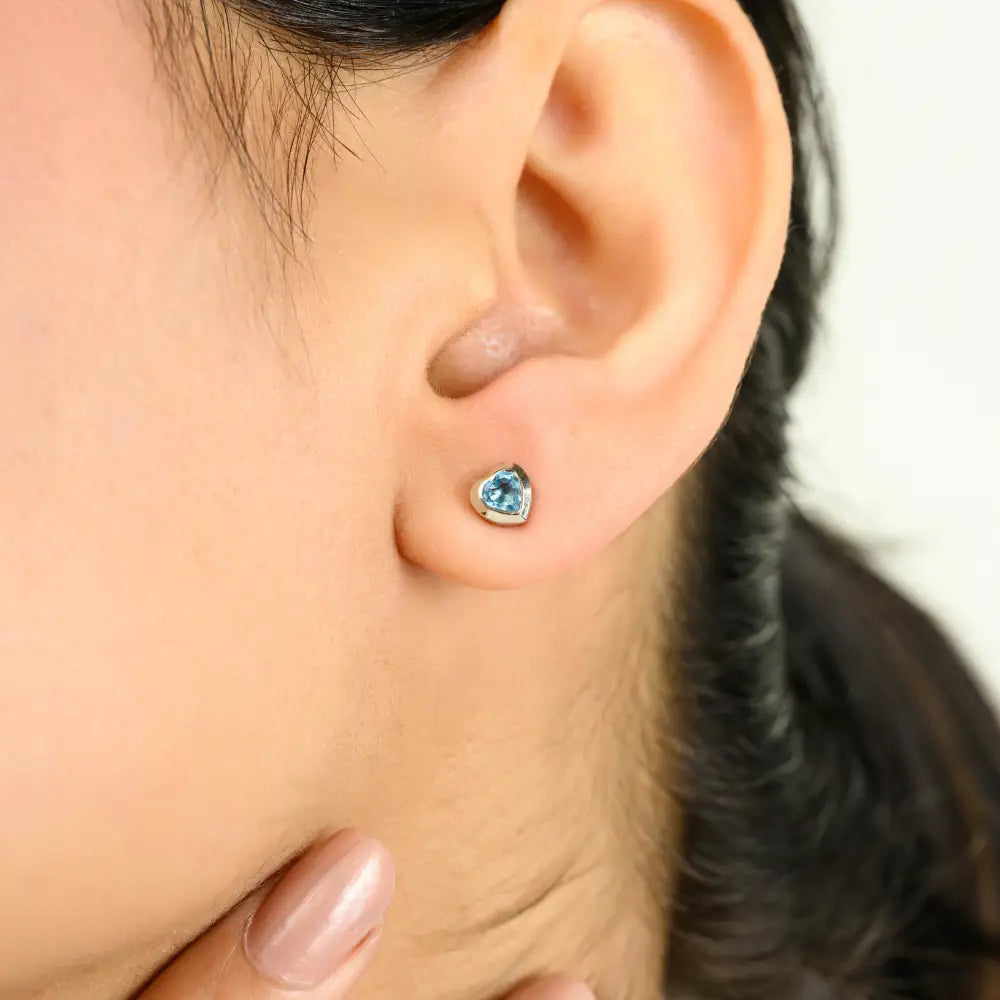 New Trending 100% Natural Blue Topaz Heart Shape Minimal Stud Earrings Solid K14 White Gold