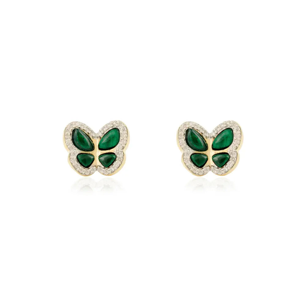 Fancy Shape Malachite & Round Diamond Unique Butterfly Stud Earrings For Women 14K Gold