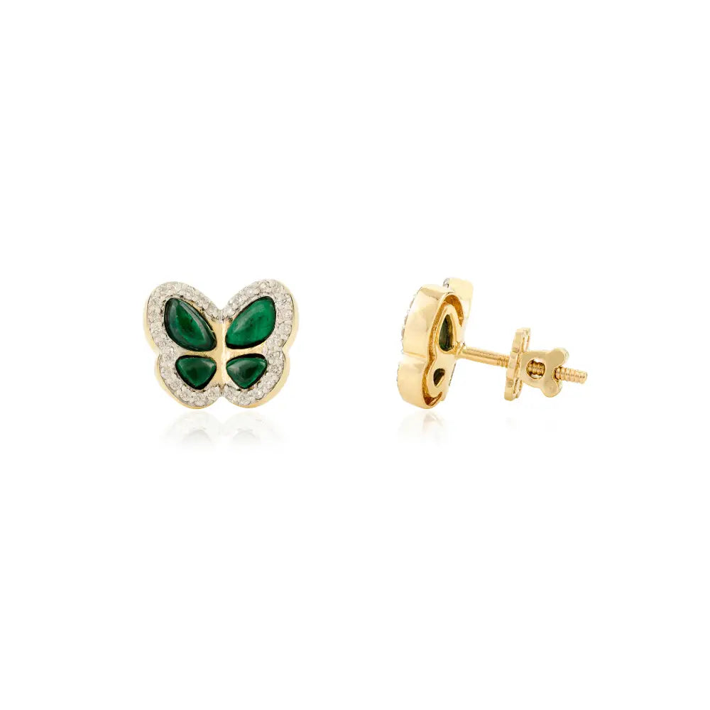 Fancy Shape Malachite & Round Diamond Unique Butterfly Stud Earrings For Women 14K Gold