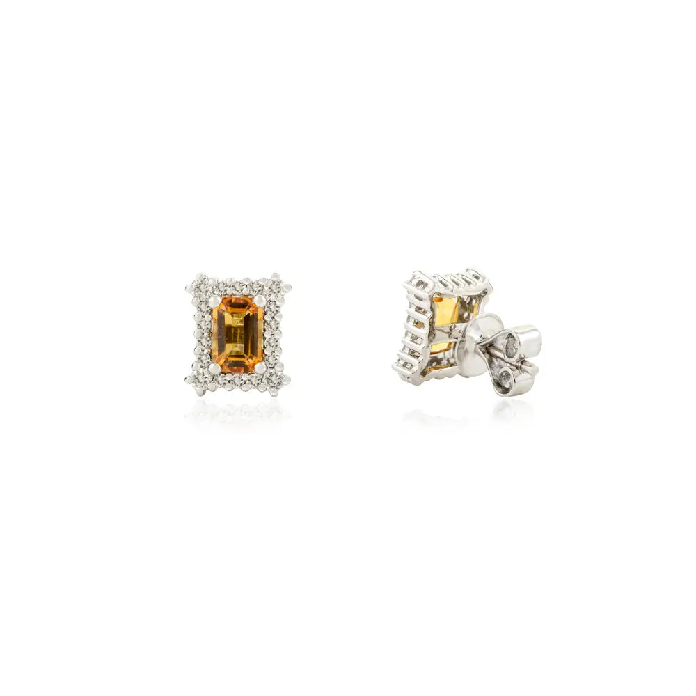 Natural Citrine & Diamond Push Back Halo Stud Earrings Real K14 White Gold Fine Jewelry