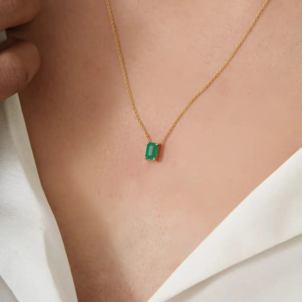 6x4 mm Octagon Cut Emerald Minimal Single Stone Pendant Necklace 18K Solid Gold Jewelry