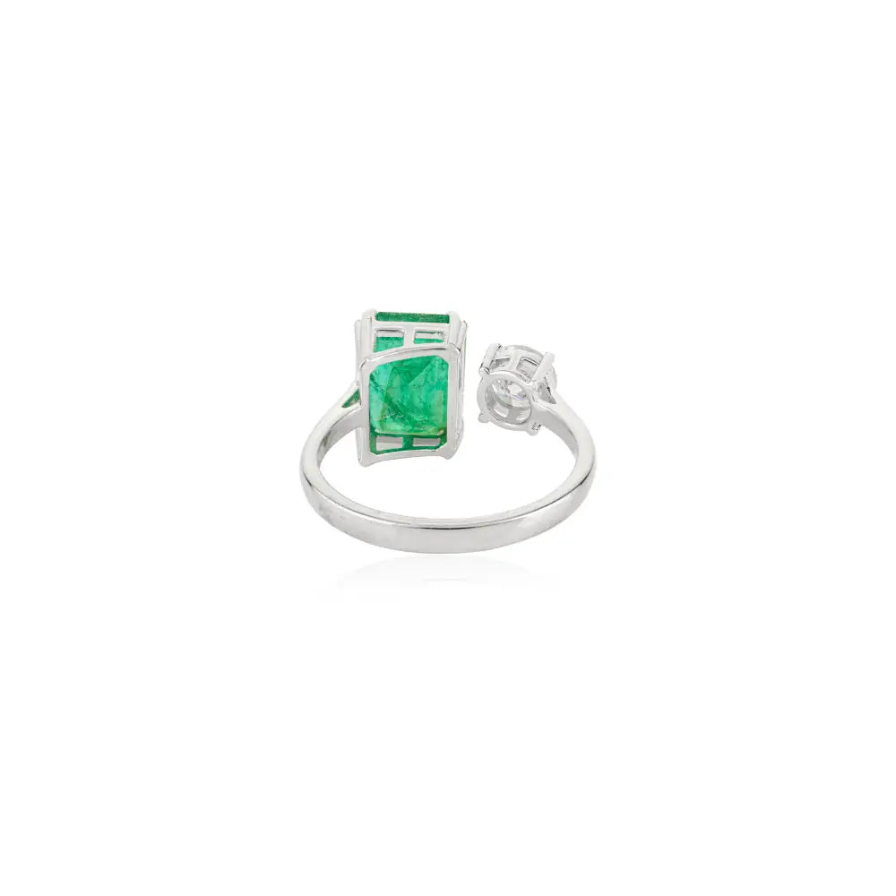 Precious Gemstone Double Prong Set Emerald & Diamond 14K White Gold Open Ring Unisex