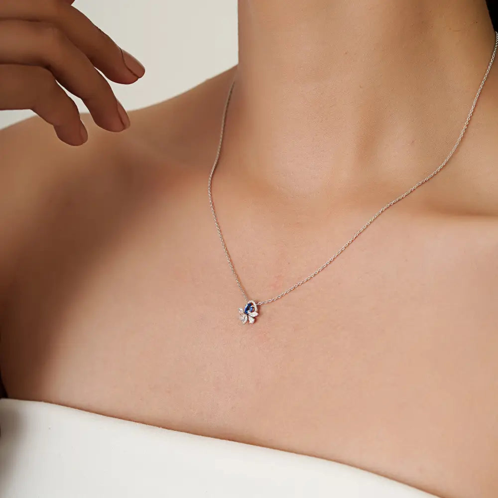 14K Solid White Gold Blue Sapphire & Diamond Minimal Pendant Necklace Everyday Jewelry