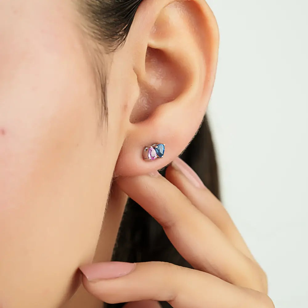 18K White Gold Prong Set Pink & Blue Sapphire Minimal Toi et Moi Stud Earrings Birthstone Jewelry