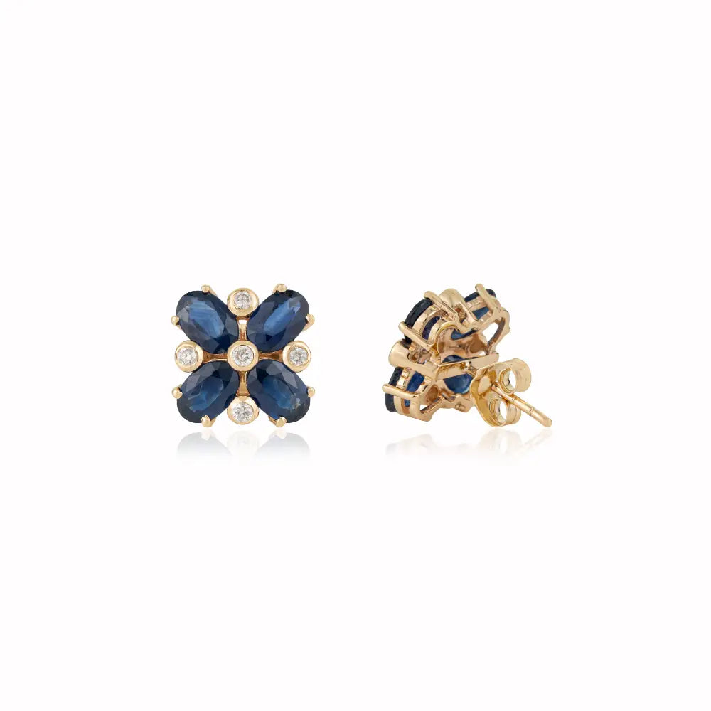 Blue Sapphire & Diamond Fine 14K Real Yellow Gold Floral Shape Stud Earrings For Women