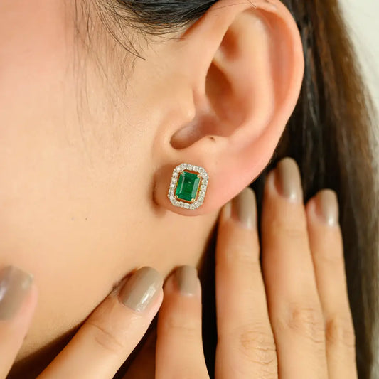 7x5mm Octagon Cut Emerald & Diamond 18K Yellow Gold Halo Stud Earrings For Women's