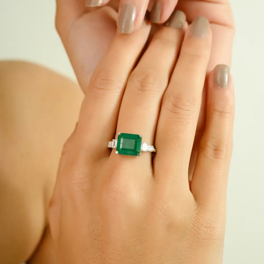 Best Seller Trending Pure K14 White Gold Emerald & Diamond Statement Ring Custom Jewelry