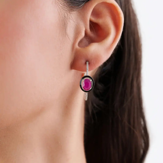 8x6mm Oval Cut Ruby & Diamond C Shape Hoop Earrings 14K White Gold Wedding Jewelry