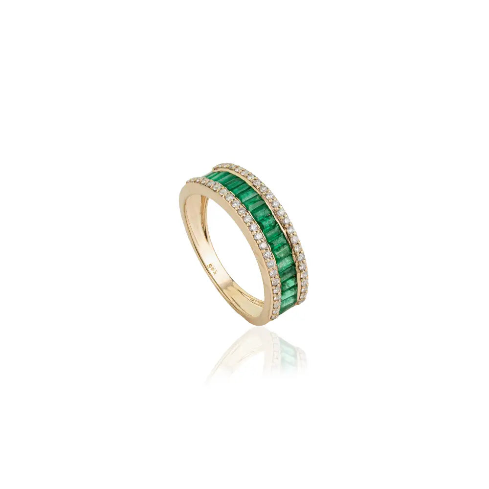 Baguette Shape Emerald & Round Cut Diamond K14 Yellow Gold Half Eternity Band Ring